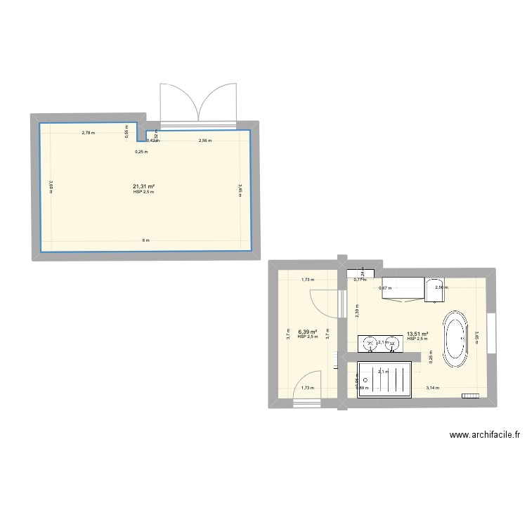 salle bain. Plan de 3 pièces et 41 m2