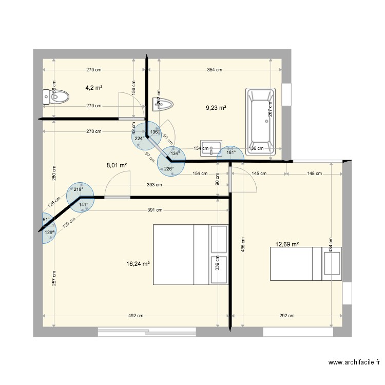 maison 1er étage  version initiale. Plan de 5 pièces et 50 m2