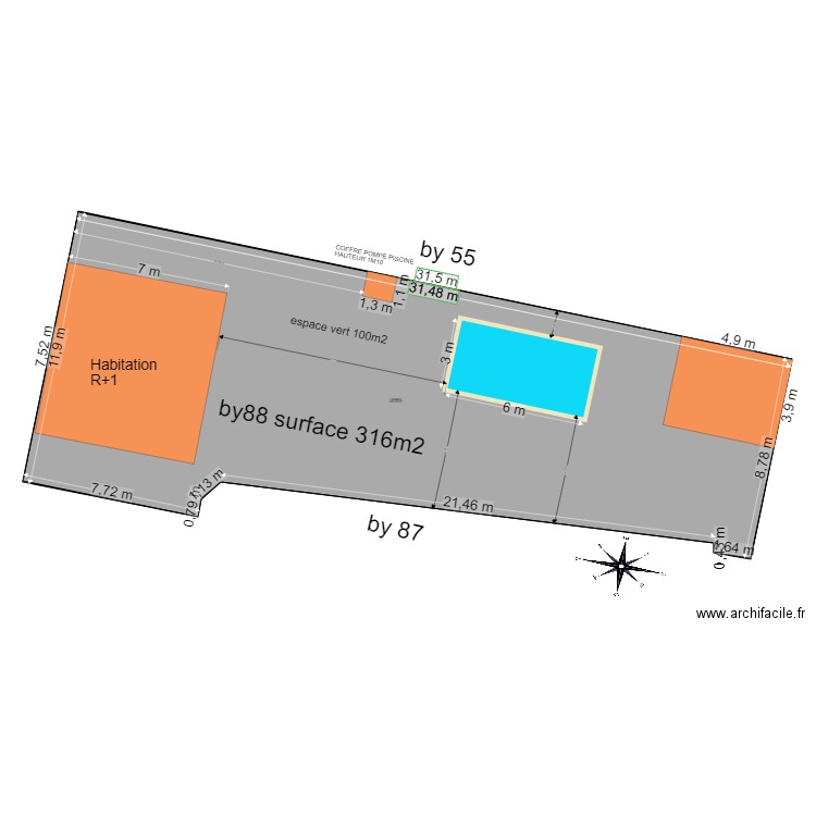 piscine ok. Plan de 1 pièce et 313 m2