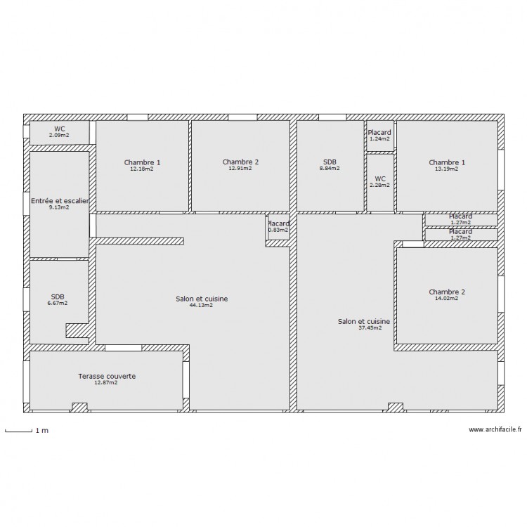 les deux apartements avec les surfaces. Plan de 0 pièce et 0 m2