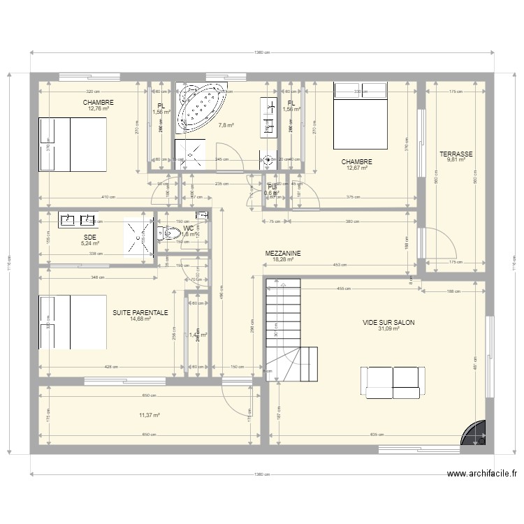 Plan2. Plan de 14 pièces et 131 m2