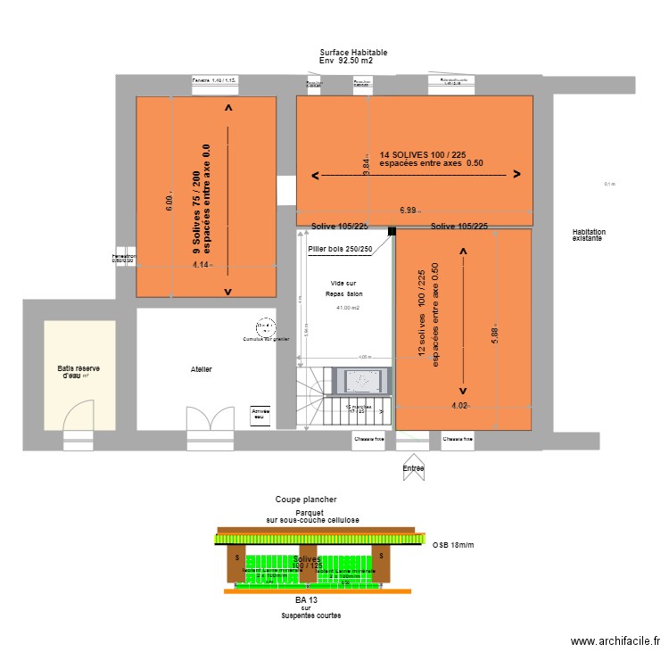 Loft Agrandissement Plancher.+ Coupe./. Plan de 1 pièce et 7 m2