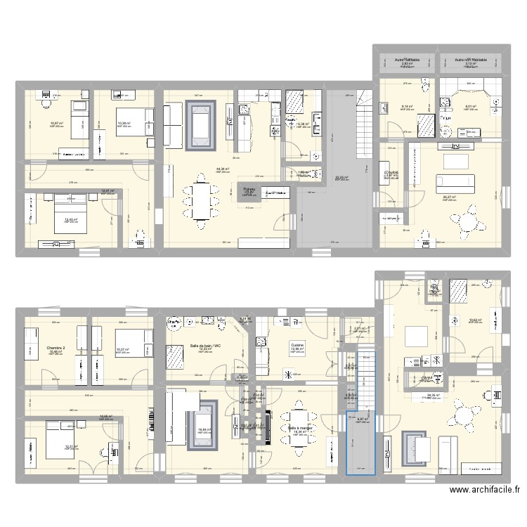 Salency - après travaux. Plan de 37 pièces et 342 m2