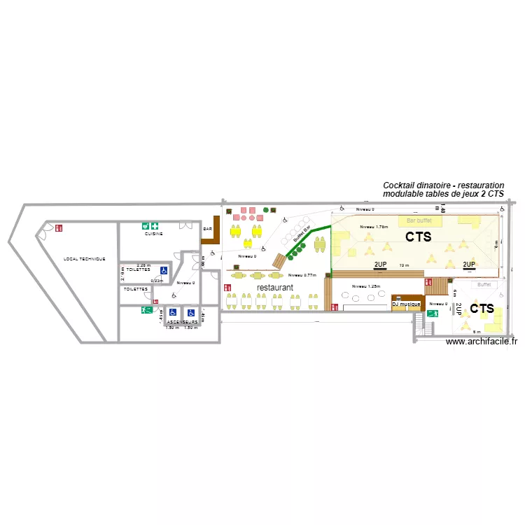 3 S&eacute;nario restauration cocktail 2 CTS modulable tables de jeux. Plan de 