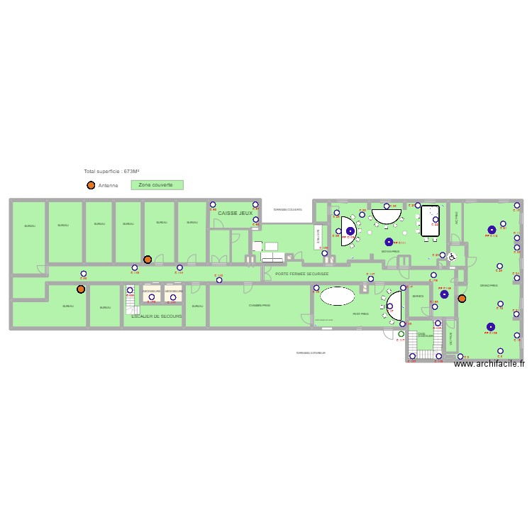 Plan Borne WIFI 1er étage. Plan de 34 pièces et 532 m2