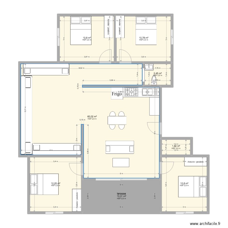 plan maison U. Plan de 7 pièces et 109 m2
