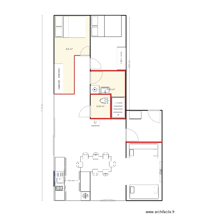 Maison container 2 40 pouces         1 20 pouces. Plan de 3 pièces et 16 m2