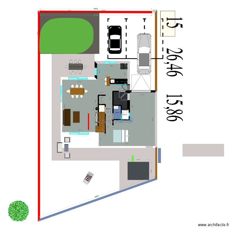 PLAN  KERVELINE PALIER H 1,00 m. Plan de 6 pièces et 90 m2