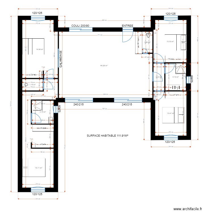 PLAN MERLE. Plan de 11 pièces et 113 m2