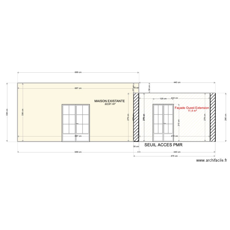 Facade Ouest Isse. Plan de 2 pièces et 34 m2