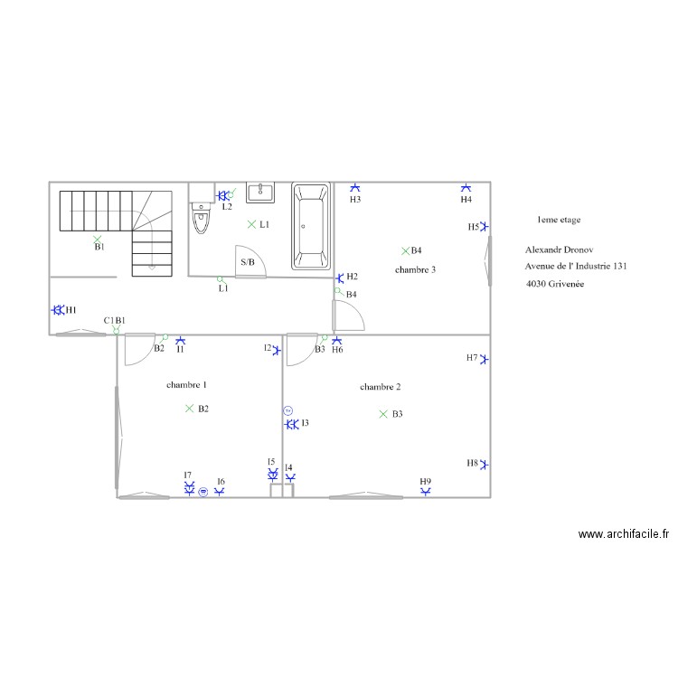 1etage4. Plan de 7 pièces et 52 m2