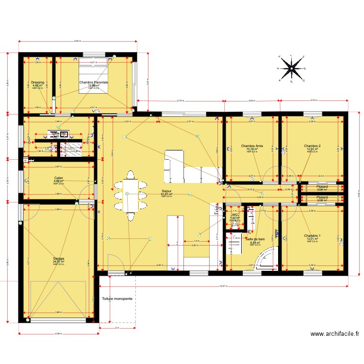 Maison en T. Plan de 13 pièces et 166 m2