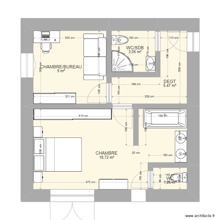 Chambres étage 2. Plan de 5 pièces et 38 m2