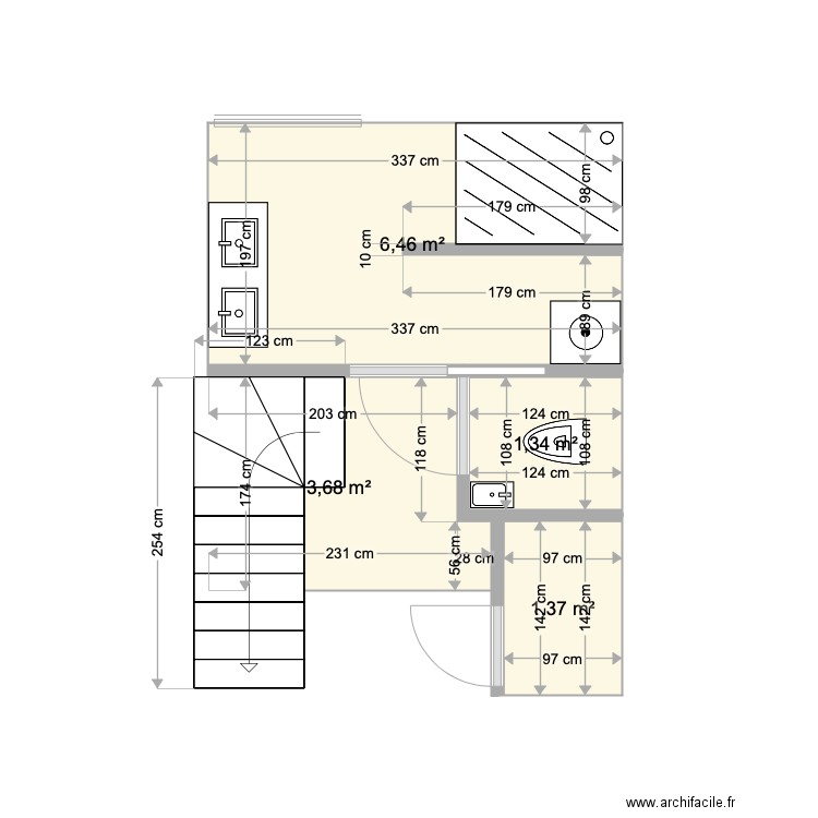 Salle de bain 2 Chantereine. Plan de 4 pièces et 13 m2