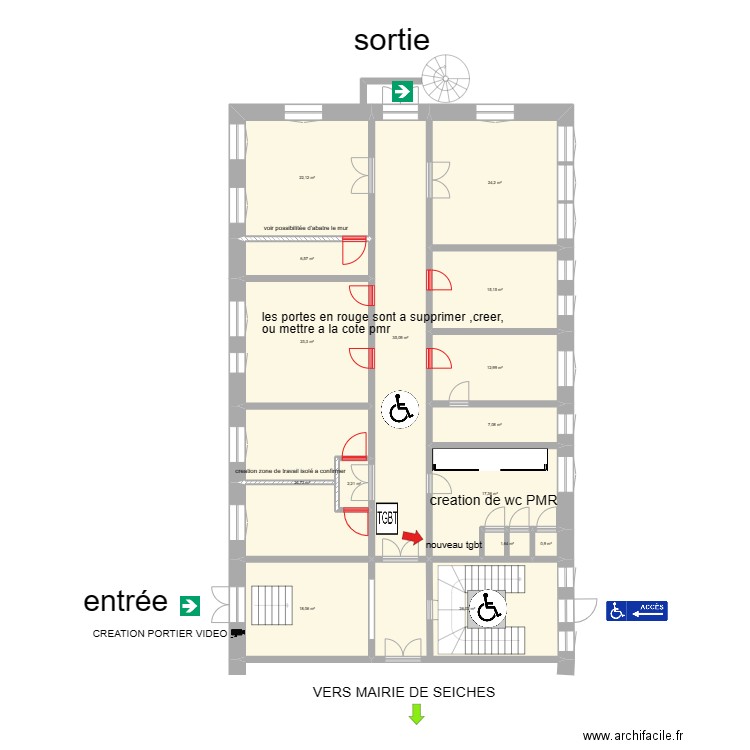 centre social. Plan de 15 pièces et 237 m2