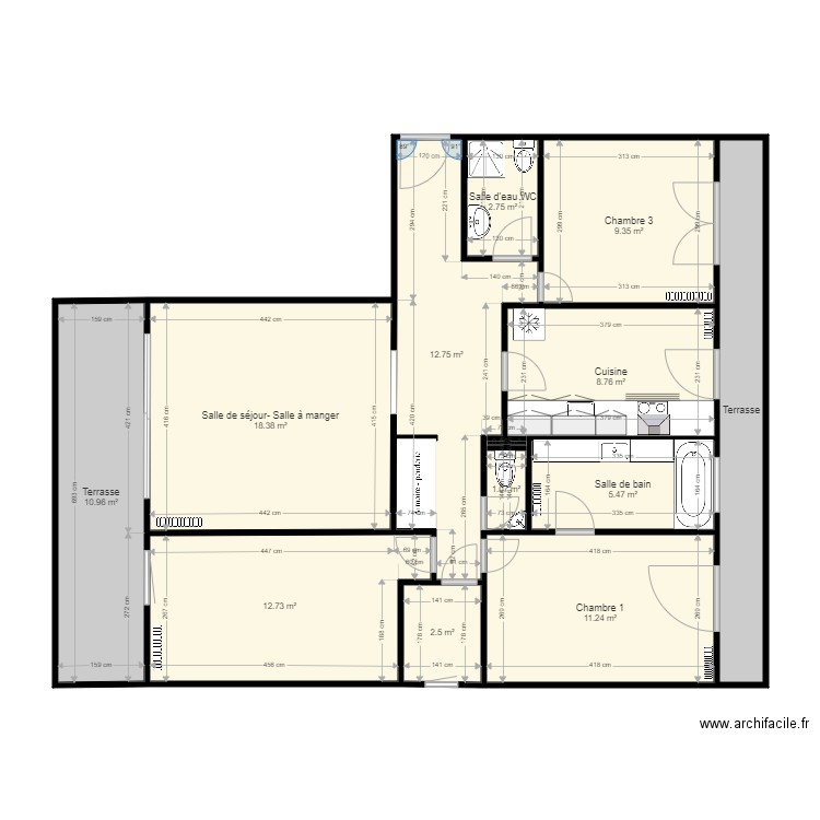 FA Montpellier avec surfaces. Plan de 13 pièces et 104 m2