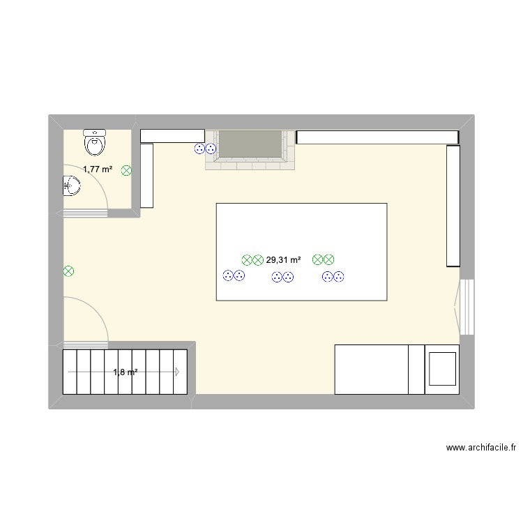 Atelier. Plan de 3 pièces et 33 m2