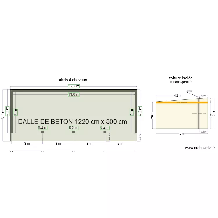 abri 12,2 x 4,2 ext - 11,8 x 4 int. Plan de 