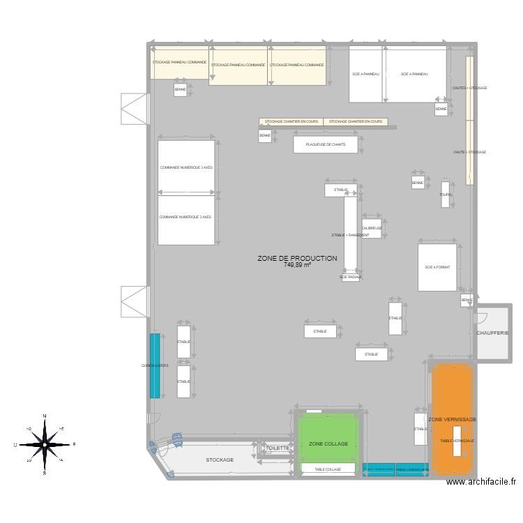 Implantation machine bonne. Plan de 6 pièces et 840 m2