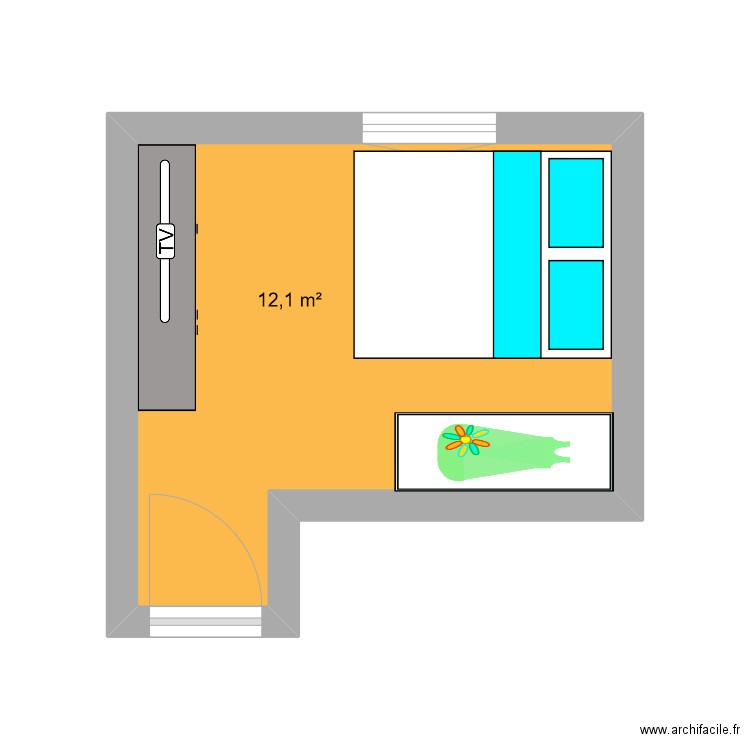 Chambre modele 2. Plan de 1 pièce et 12 m2