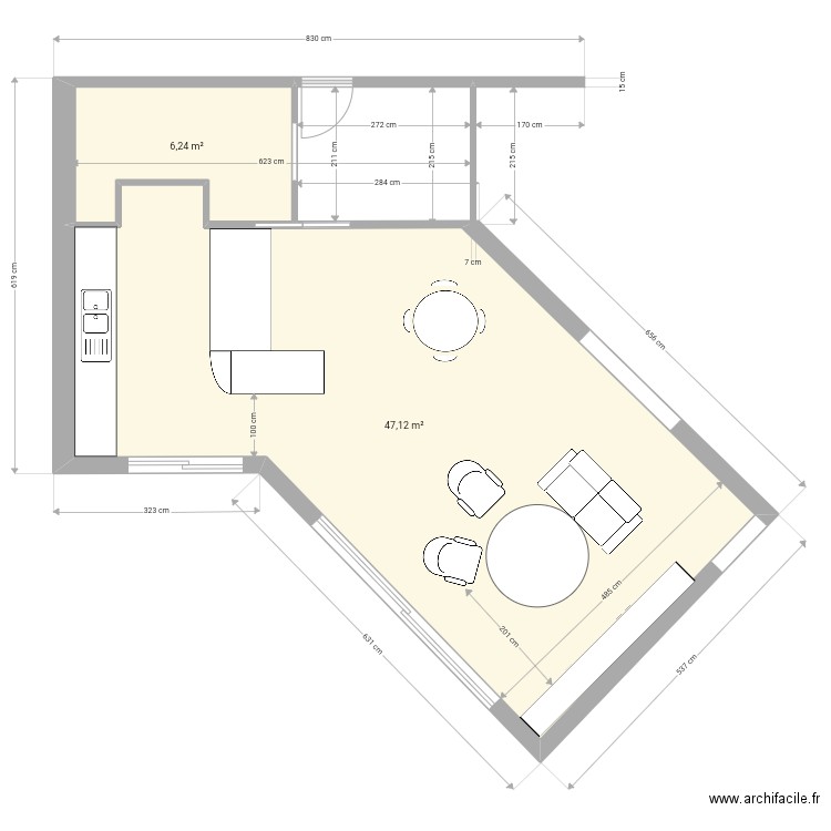 Salon 2,5. Plan de 2 pièces et 53 m2