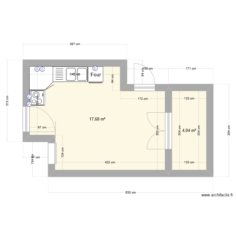 cuisine bondoufle. Plan de 2 pièces et 22 m2