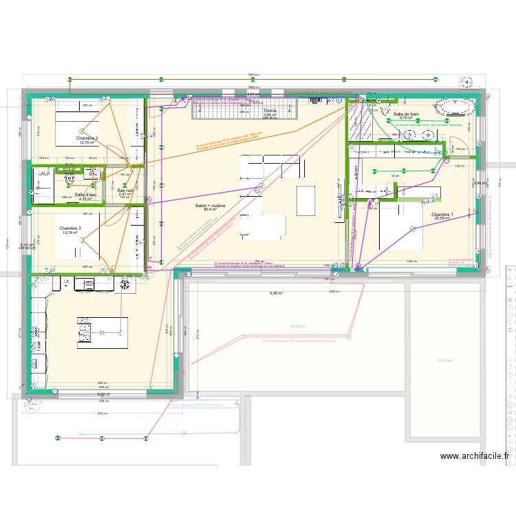 Plan circuits électriques éclairages. Plan de 23 pièces et 375 m2