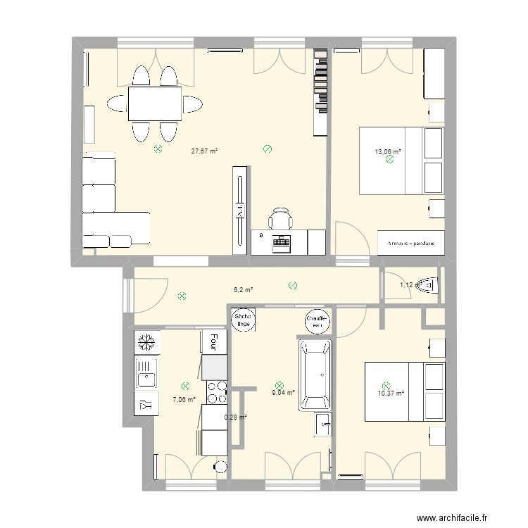 Salon. Plan de 8 pièces et 75 m2