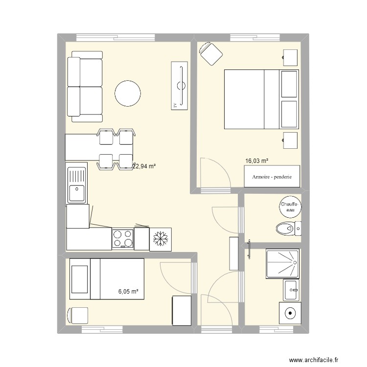 Juan 3. Plan de 3 pièces et 45 m2