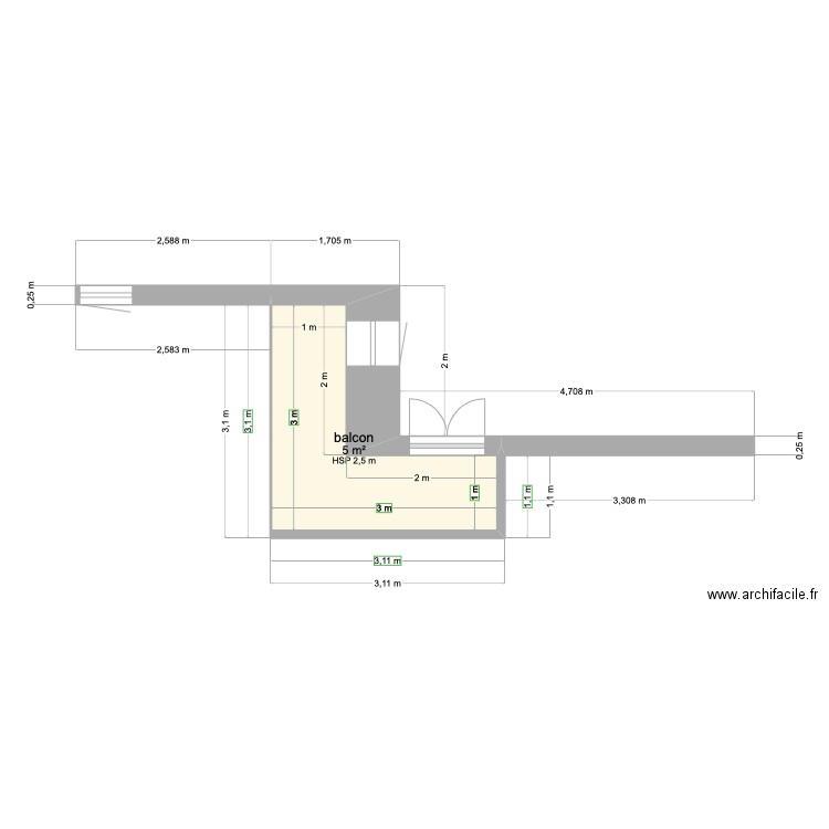 balcon . Plan de 1 pièce et 5 m2