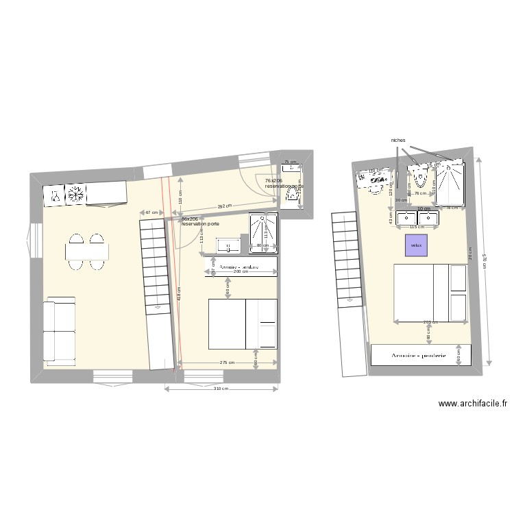 pecheur. Plan de 3 pièces et 50 m2