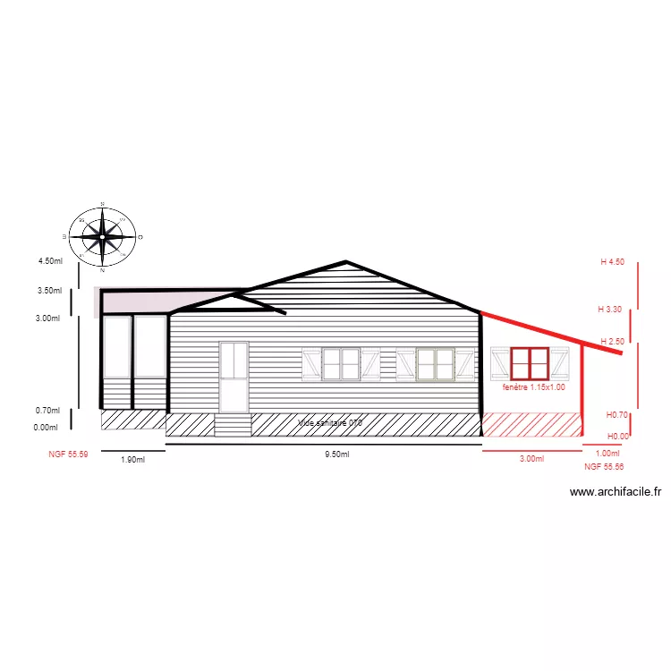 Facade NORD chalet 90. Plan de 