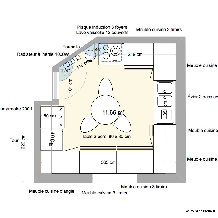 New Cuisine élargie. Plan de 1 pièce et 12 m2