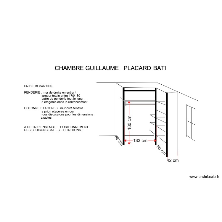 CHAMBRE GUILLAUME    SCHEMA PLACARD BATI. Plan de 0 pièce et 0 m2