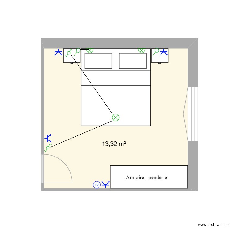 Chambre. Plan de 1 pièce et 13 m2