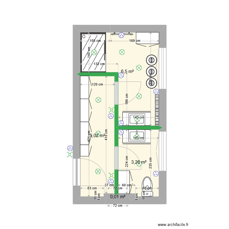 SDB 12. Plan de 4 pièces et 15 m2