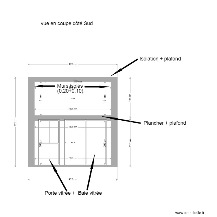 Vue en coupe côté Sud annexe FREIRE toit plat. Plan de 0 pièce et 0 m2