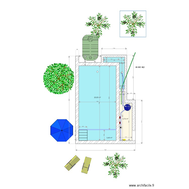 piscine d. Plan de 4 pièces et 31 m2