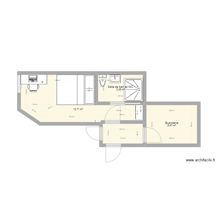 Projet Chambre Chacha Prego. Plan de 3 pièces et 23 m2