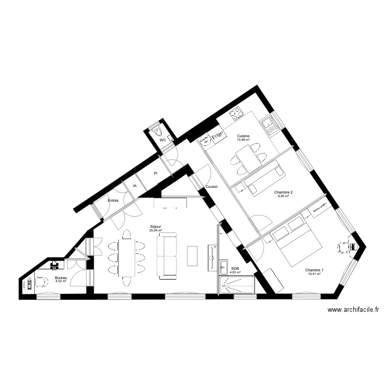 Petrus meublé. Plan de 14 pièces et 85 m2