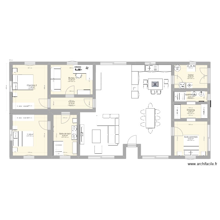 Maison avec suite parentale. Plan de 9 pièces et 69 m2