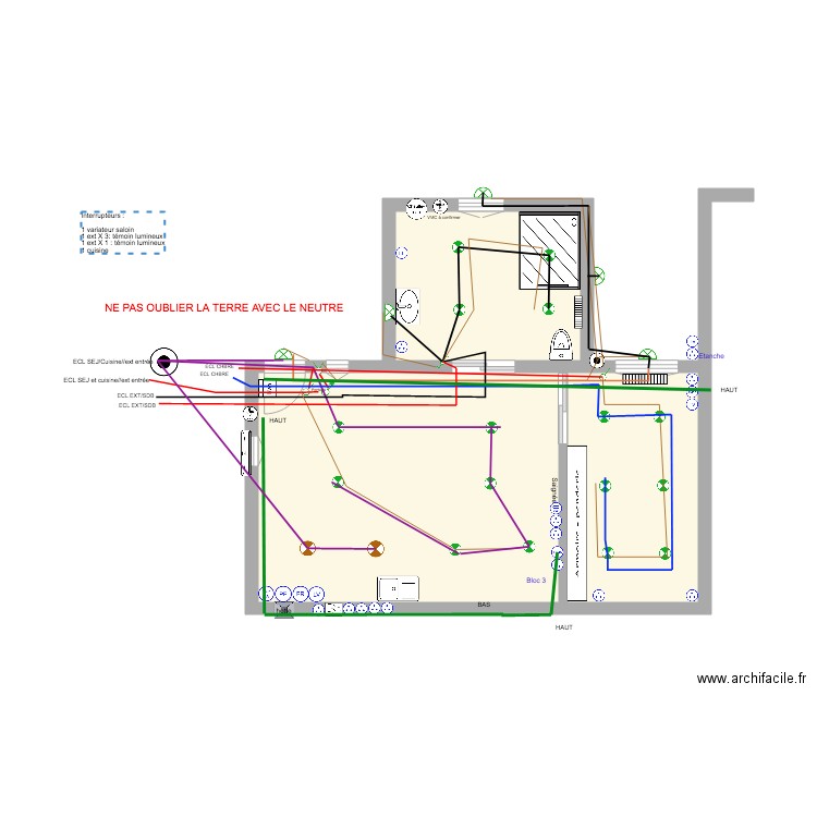 appartement T2 la ciotat éclairage et RJ45. Plan de 3 pièces et 32 m2