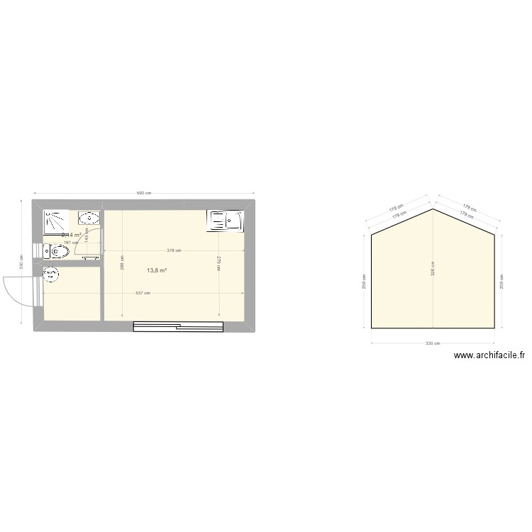 Poolhouse 6 septembre 2022 modele 2. Plan de 2 pièces et 16 m2