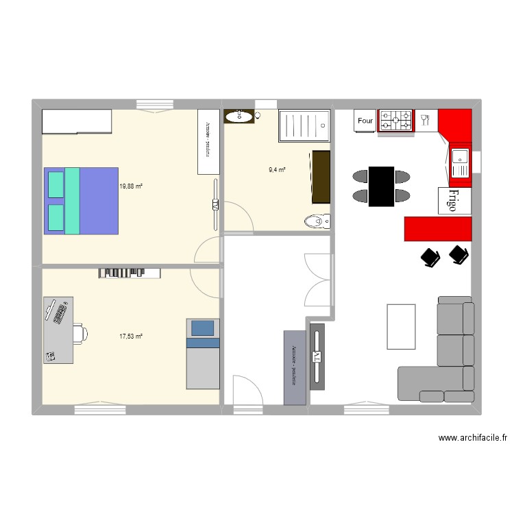 Maison. Plan de 3 pièces et 47 m2