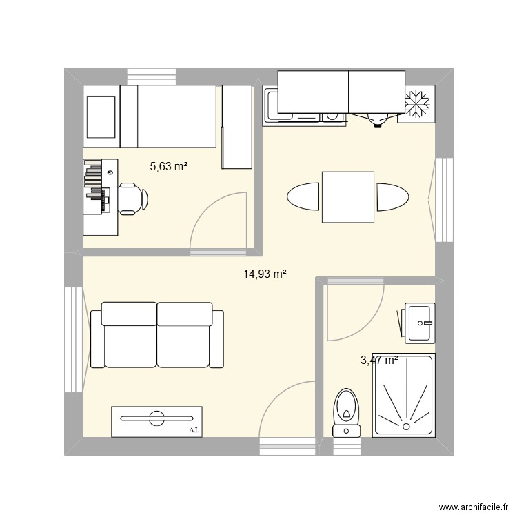 Architectures minimales YANG. Plan de 3 pièces et 24 m2