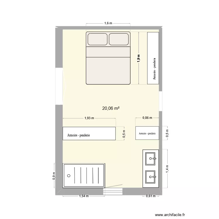 Chambre parental 2026 DOUBLE PLACARD. Plan de 1 Pièce et 20 m²