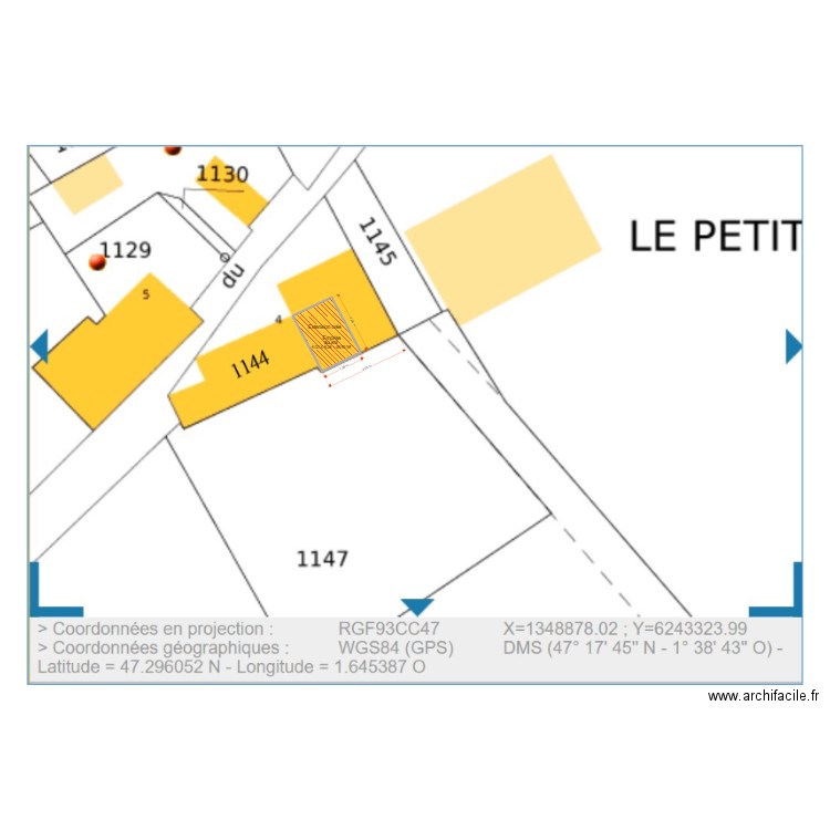 Pan implantation au sol cadastre. Plan de 1 pièce et 3 m2