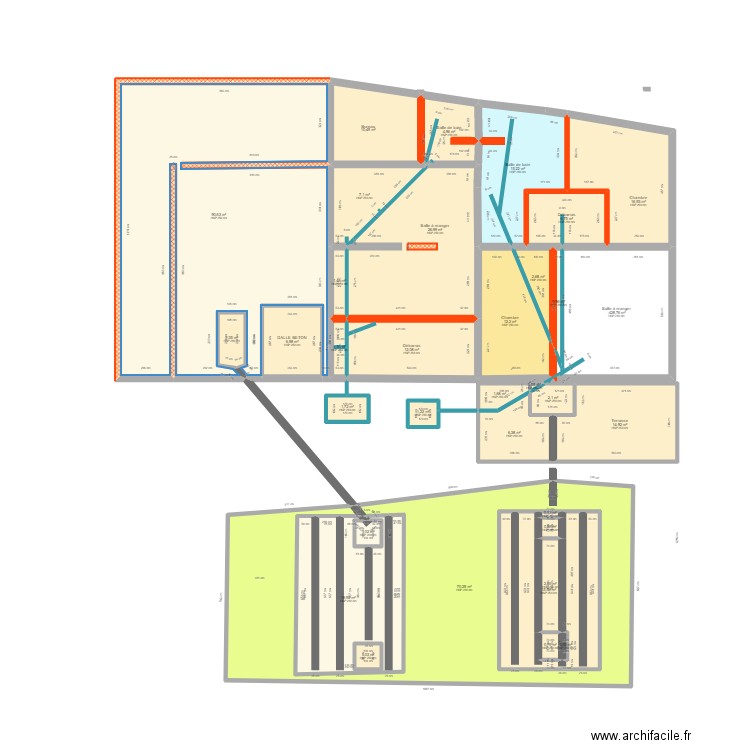 Réseau eaux. Plan de 34 pièces et 413 m2