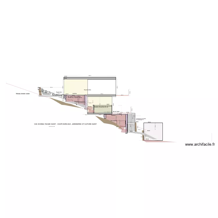 3.08 -SCHEMA FACADE OUEST : COUPE JARDINIERES ET CLÔTURE OUEST. Plan de 3.08 -SCHEMA FACADE OUEST : COUPE JARDINIERES ET CLÔTURE OUEST. Plan de