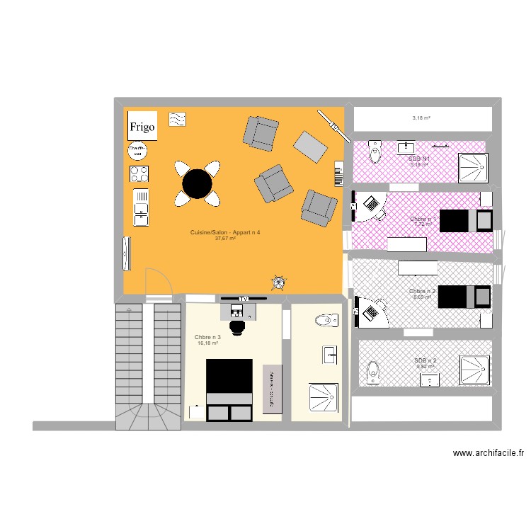 appartement n 3. Plan de 7 pièces et 84 m2